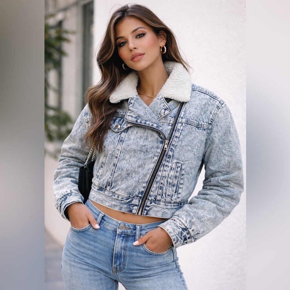 Forever 21 sherpa-lined acid wash denim jacket size Small